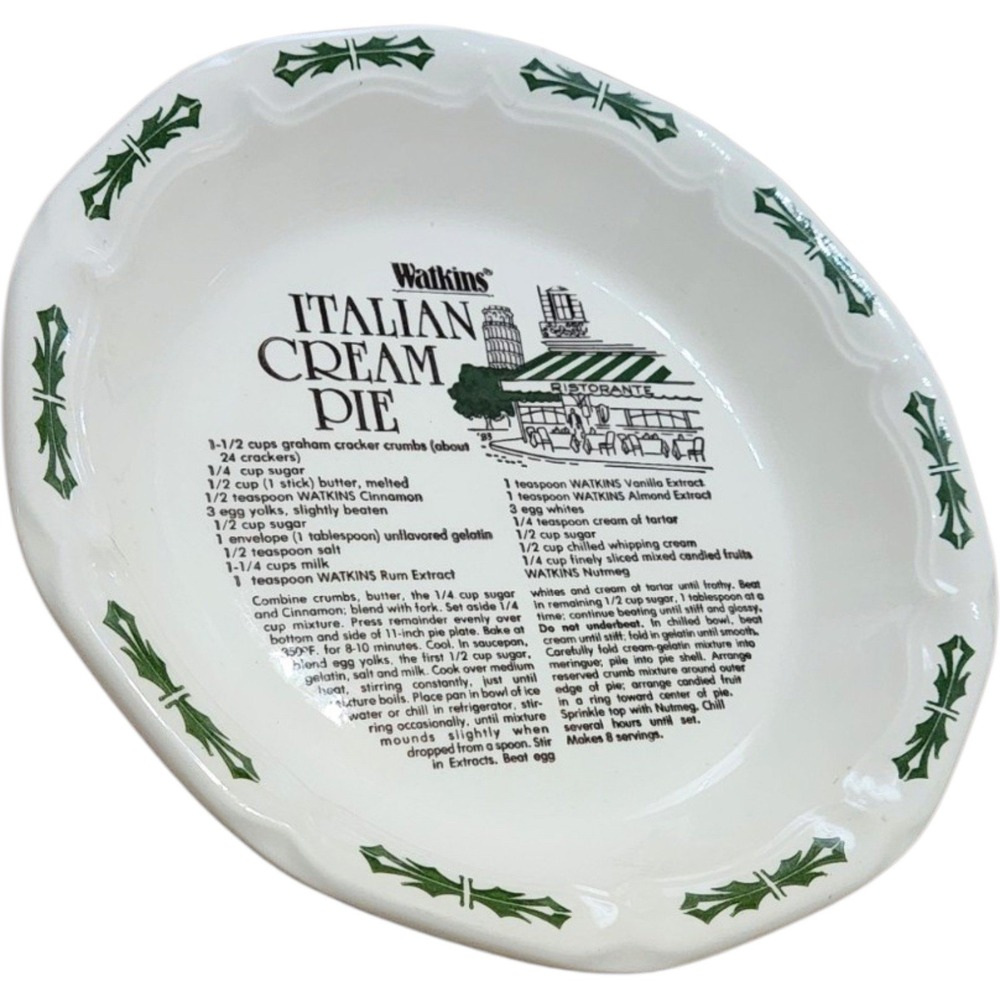 Vintage 1983 Watkins Italian Cream Pie Recipe Ceramic Pie Plate Holly Rim 6484